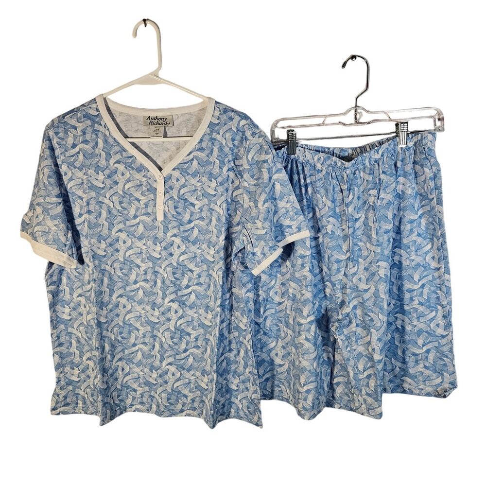 Anthony Richards Women's Pajama Set 100% Cotton Large New Blue White 2‎ Piece